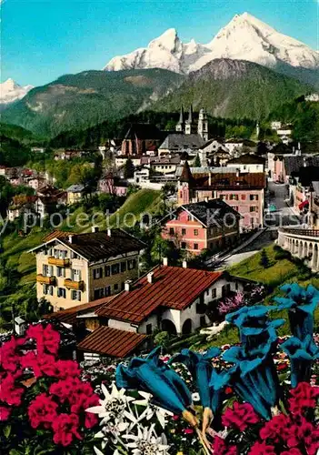 AK / Ansichtskarte Berchtesgaden mit Watzmann Alpenflora Blauer Enzian Edelweiss Kat. Berchtesgaden
