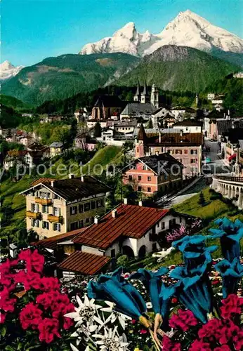 AK / Ansichtskarte Berchtesgaden mit Watzmann Alpenflora Blauer Enzian Edelweiss Kat. Berchtesgaden