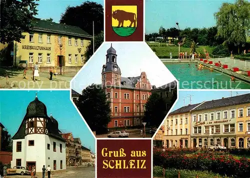 AK / Ansichtskarte Schleiz Kreiskulturhaus Freibad Rathaus Historische Muenze Neumarkt Kat. Schleiz