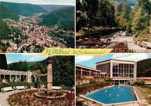 AK / Ansichtskarte Wildbad Schwarzwald Panorama Kurort Uferpromenade am Fluss Kurpark Brunnen Thermalbad Kat. Bad Wildbad