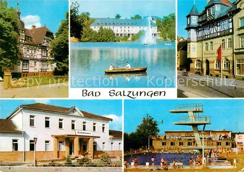 AK / Ansichtskarte Bad Salzungen Kurbuecherei Kurhaus am Burgsee Henneberger Haus Freibad Kat. Bad Salzungen