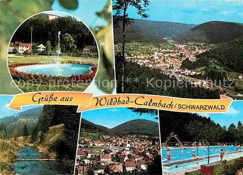 AK / Ansichtskarte Calmbach Enz Gesamtansicht Park Springbrunnen Enz Freibad Kat. Bad Wildbad