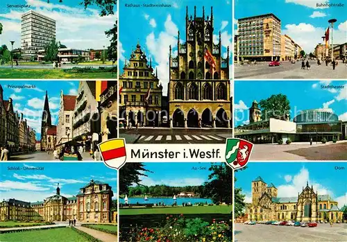 AK / Ansichtskarte Muenster Westfalen Servatiiplatz Prinzipalmarkt Schloss Universitaet Rathaus Stadtweinhaus Aa See Bahnhofstrasse Stadttheater Dom Kat. Muenster