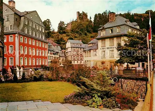 AK / Ansichtskarte Monschau Rotes Haus mit Blick zur Burgruine Haller Altstadt Cafe Hotel Kat. Monschau