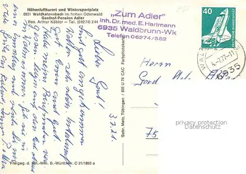 AK / Ansichtskarte Waldkatzenbach Fliegeraufnahme Gasthof Adler Kat. Waldbrunn