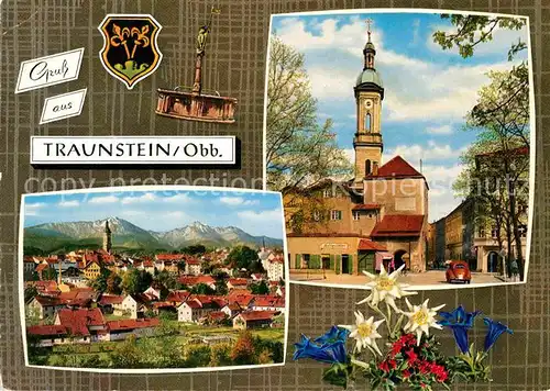 AK / Ansichtskarte Traunstein Oberbayern Gesamtansicht mit Alpenpanorama Kirche Blauer Enzian Edelweiss Kat. Traunstein