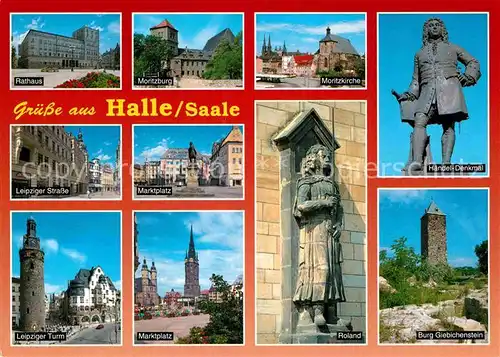 AK / Ansichtskarte Halle Saale Rathaus Moritzburg Kirche Haendel Denkmal Burg Giebichenstein Roland Statue Marktplatz Leipziger Strasse Turm Kat. Halle