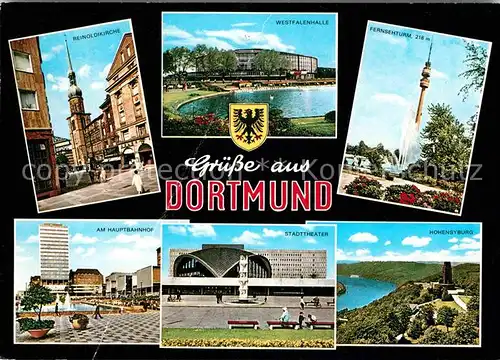 AK / Ansichtskarte Dortmund Reinoldikirche Westfalenhalle Fernsehturm Hoehensyburg Stadttheater Hauptbahnhof Hochhaus Kat. Dortmund