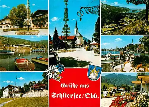 AK / Ansichtskarte Schliersee Maibaum Kirche Uferpromenade am See Panorama Kat. Schliersee