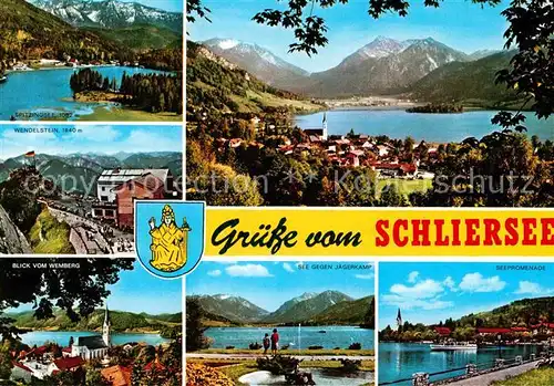 AK / Ansichtskarte Schliersee Gesamtansicht mit Alpenpanorama Spitzingsee Wendelstein Wemberg Seepromenade Kat. Schliersee