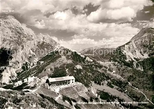 AK / Ansichtskarte Jenner Berchtesgaden Fliegeraufnahme Jennerbahn Berggaststaette mit Hohem Brett und Schneibstein Kat. Berchtesgaden