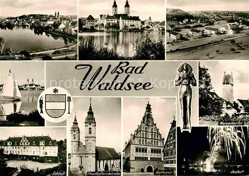 AK / Ansichtskarte Bad Waldsee Stadtsee Stiftskirche Rathaus Wurzacher Tor Schloss Kat. Bad Waldsee