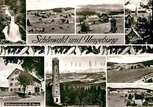 AK / Ansichtskarte Schoenwald Schwarzwald Wasserfall Panorama Kirche MuettergenesungsheimSt Marien Aussichtsturm Stuecklewaldhof Kat. Schoenwald im Schwarzwald