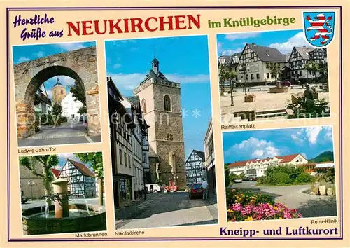 AK / Ansichtskarte Neukirchen Knuellgebirge Ludwig Jahn Kirche Marktbrunnen Reha Klinik Raiffeisenplatz Kat. Neukirchen