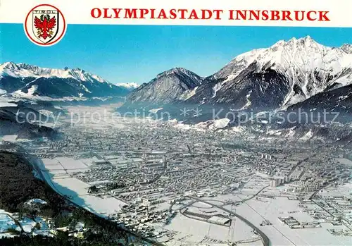 AK / Ansichtskarte Innsbruck Fliegeraufnahme Olympiastadt im Winter mit Schloss Ambras Martinswand Karwendel Kat. Innsbruck