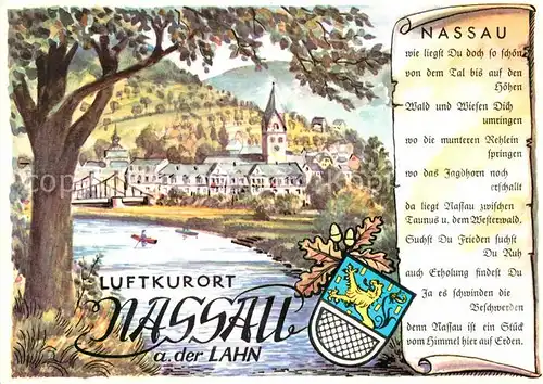 AK / Ansichtskarte Nassau Lahn Uferpartie an der Lahn Blick zur Kirche Perle im Lahntal Gedicht Wappen Kuenstlerkarte Kat. Nassau
