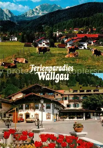 AK / Ansichtskarte Wallgau Ortsansicht Panorama Lueftlmalerei Hotel Gasthof Post Kat. Wallgau