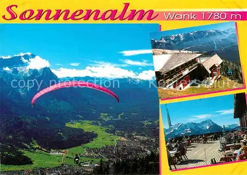 AK / Ansichtskarte Garmisch Partenkirchen Aussichtsrestaurant Sonnenalm auf dem Wank Gleitschirmfliegen Alpenpanorama Kat. Garmisch Partenkirchen
