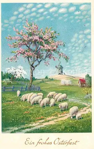 AK / Ansichtskarte Ostern Easter Paques Schafe Windmuehle Baum Litho Kat. Greetings