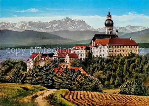 AK / Ansichtskarte Kloster Andechs mit Ammersee und Zugspitze Kat. Andechs