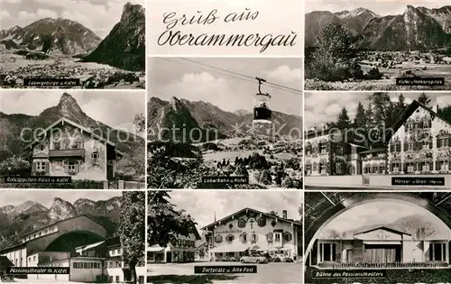 AK / Ansichtskarte Oberammergau Passionsspieldorf Alpenpanorama Rotkaeppchenhaus Theater Dorfplatz Alte Post Bergbahn Loberbahn Kat. Oberammergau
