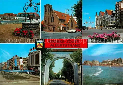AK / Ansichtskarte Knokke Zoute teilansichten Kirche Trampolin Strand Hotels