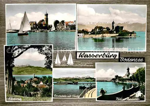 AK / Ansichtskarte Wasserburg Bodensee Segeln Ansicht vom See aus Landestelle Saentisblick Kirche oesterreichische Alpen Kat. Wasserburg (Bodensee)