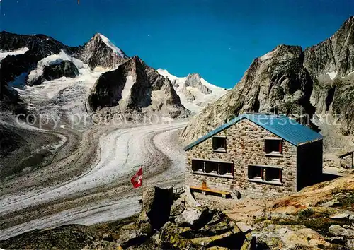 AK / Ansichtskarte Oberaletschhuette Cabane Berghuette mit Nesthorn Breithorn Lonzahoerner Gletscher Berner Alpen Kat. Oberaletsch