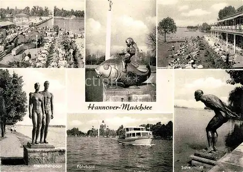 AK / Ansichtskarte Hannover Maschsee Gaststaette Putte Strandbad Schwimmer Menschenpaar Statuen Faehrboot Kat. Hannover