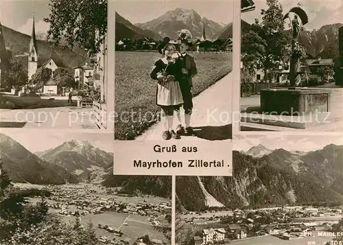 AK / Ansichtskarte Mayrhofen Zillertal Ortspartie an der Kirche Brunnen Kinder Trachten Alpenpanorama Kat. Mayrhofen