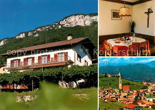 AK / Ansichtskarte Tramin Weinstrasse  Haus Franzelin Gaestehaus Pension Ortsansicht mit Kirche Alpenpanorama