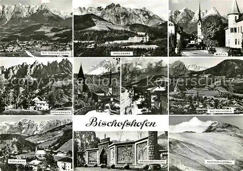 AK / Ansichtskarte Bischofshofen Panorama Tennengebirge Kreuzberg Hochkoenig Artkurhaus Ortspartien Muehlbach Kriegerdenkmal Kat. Bischofshofen