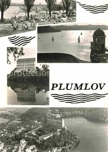 AK / Ansichtskarte Plumlov Badestrand am Stausee Schloss Fliegeraufnahme