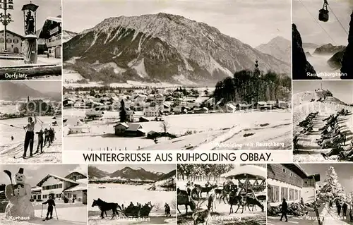 AK / Ansichtskarte Ruhpolding Panorama mit Rauschberg Dorfplatz Skifahren Kurhaus Schneemann Pferdeschlitten Wildfuetterung Bergbahn Kat. Ruhpolding