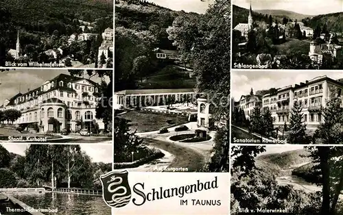 AK / Ansichtskarte Schlangenbad Taunus Wilhelmsfelsen Kurhotel Thermal Schwimmbad Kurgarten Sanatorium Malerwinkel Kat. Schlangenbad