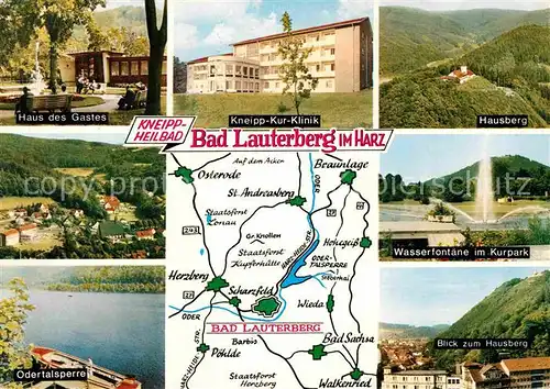AK / Ansichtskarte Bad Lauterberg Haus des Gastes Kneipp Kurklinik Hausberg Wasserfontaene Odertalsperre Kat. Bad Lauterberg im Harz