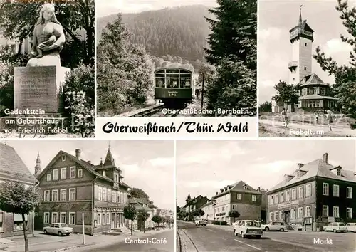 AK / Ansichtskarte Oberweissbach Gedenkstein von Friedrich Froebel Froebelturm Markt Central Cafe Bergbahn Kat. Oberweissbach