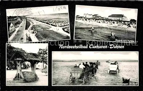 AK / Ansichtskarte Cuxhaven Nordseebad Strand mit Hotels Wattwagen im Priel Strand Deich  Kat. Cuxhaven