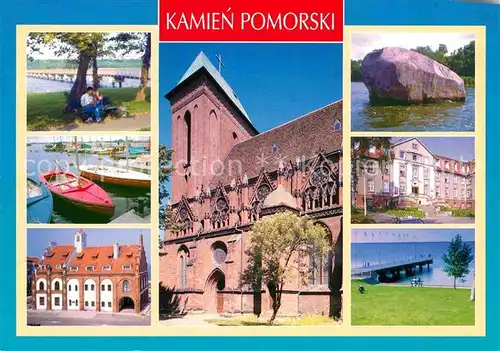 AK / Ansichtskarte Kamien Pomorski Seebruecke Bootsliegeplatz Kirche Felsen Anlegestelle Kat. Cammin Pommern