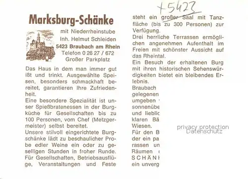 AK / Ansichtskarte Braubach Rhein Marksburg Schaenke Kat. Braubach