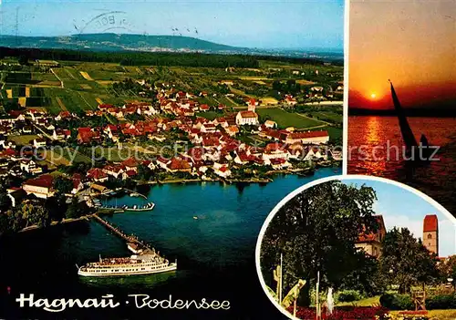 AK / Ansichtskarte Hagnau Bodensee Bootsanleger Fliegeraufnahme Blick zur Kirche Sonnenuntergang Kat. Hagnau am Bodensee