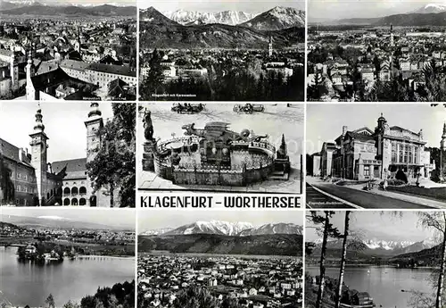 AK / Ansichtskarte Klagenfurt Woerthersee Gesamtansicht mit Alpenpanorama Landhaus Stadttheater Lindwurmbrunnen