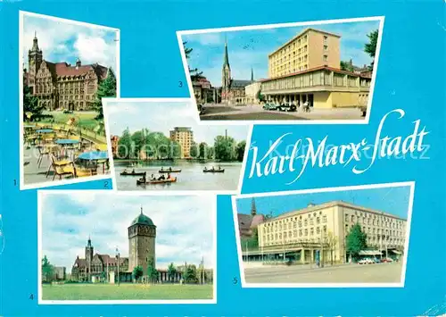 AK / Ansichtskarte Karl Marx Stadt Rathaus Hochhaus am Schlossteich Theaterplatz Roter Turm Hotel Chemnitzer Hof Kat. Chemnitz
