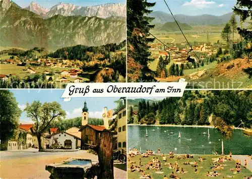 AK / Ansichtskarte Oberaudorf Gesamtbild mit Kaisergebirge Berglift Hocheck Baeckerbrunnen Badestrand Luegsteinsee Kat. Oberaudorf