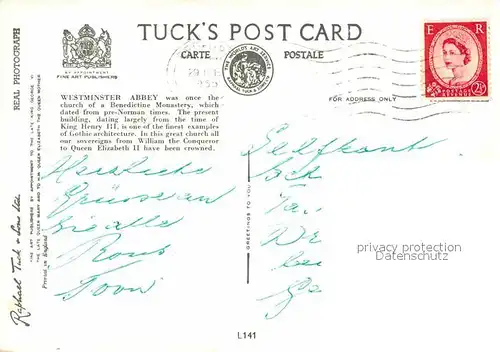 AK / Ansichtskarte Westminster London Westminster Abbey Tuchs Post Card