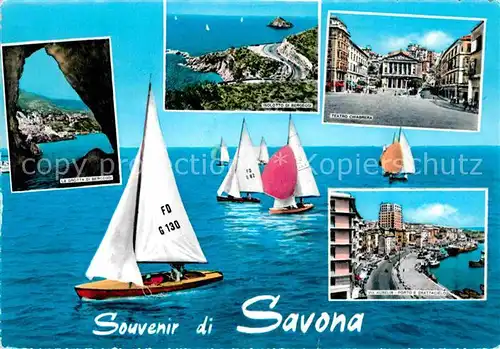 AK / Ansichtskarte Savona Liguria Grotta di Bergeggi Isolotto Teatro Chiabrera Via Aurelia Porto e Grattacielo Kat. Savona