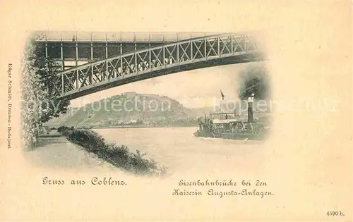 AK / Ansichtskarte Coblenz Koblenz Eisenbahnbruecke bei den Kaiserin Augusta Anlagen Kat. Koblenz Rhein