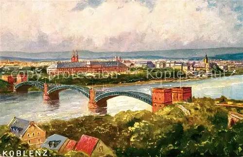 AK / Ansichtskarte Koblenz Rhein Panorama mit Rheinbruecke Kuenstlerkarte Kat. Koblenz