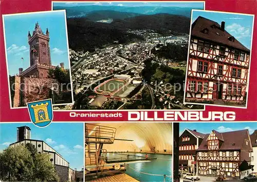 AK / Ansichtskarte Dillenburg Wilhelmsturm Fliegeraufnahme Fachwerkhaus Hallenbad Kat. Dillenburg