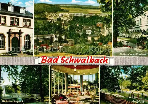 AK / Ansichtskarte Bad Schwalbach Moorbad Weiher im Kurpark Kohlensaeure Stahlbad Golfplatz Weinbrunnen Kat. Bad Schwalbach